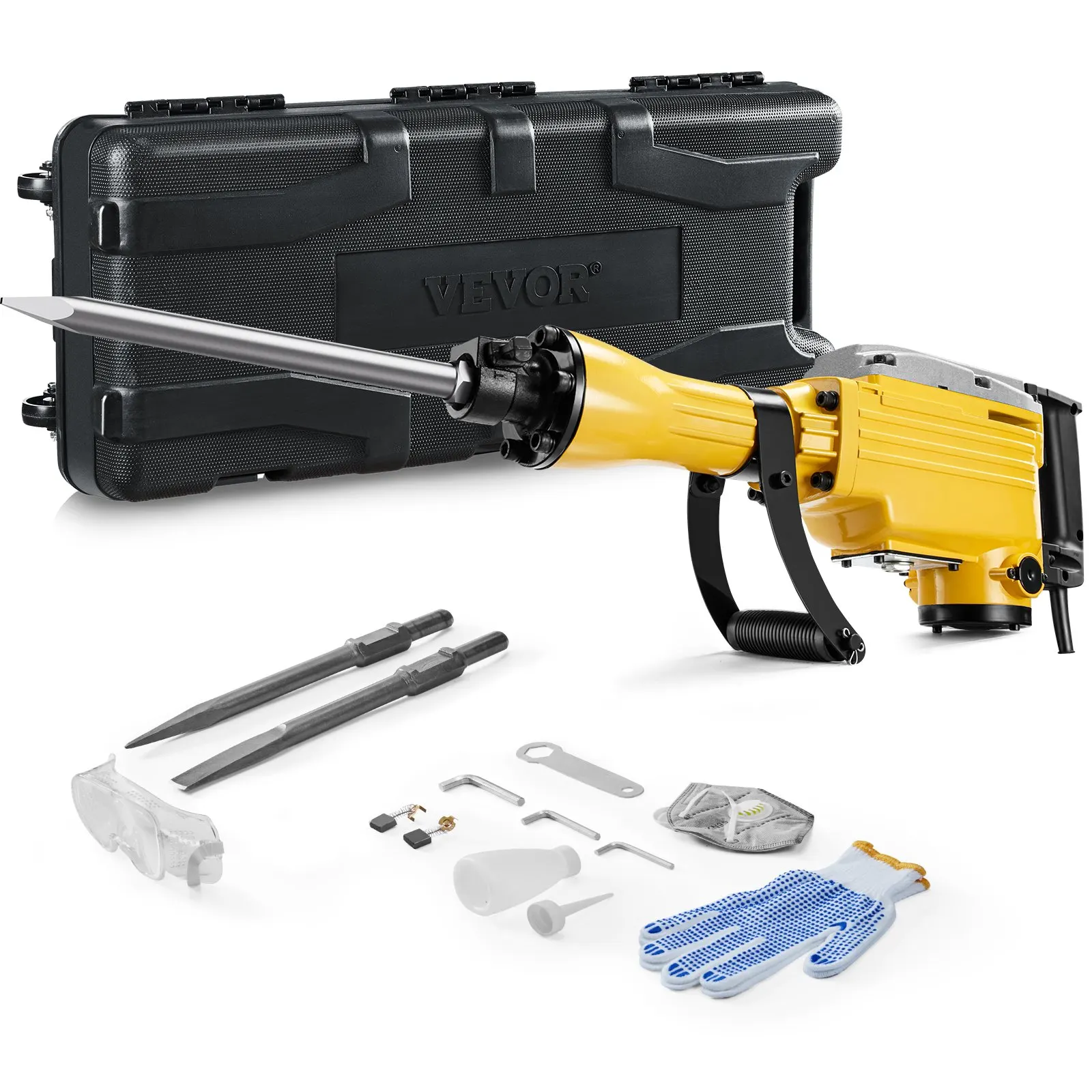 VEVOR Demolition Jack Hammer 2200W 1350 BPM Jack Hammer Concrete Breaker, Electric Jack Hammer with 2/4pcs Chisels Bit, Yellow