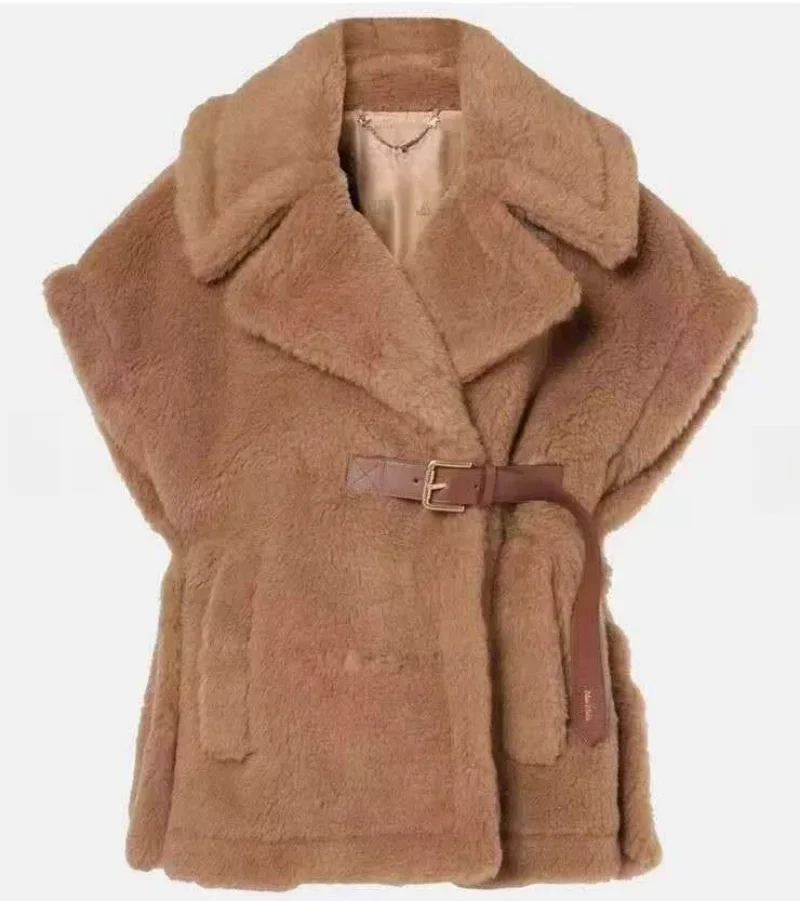 Teddy Bear Shawl Female Autumn Winter Camel Jacket Sheep Wool Coat Lapel Short Alpaca Silk High-end Fashion Jacket