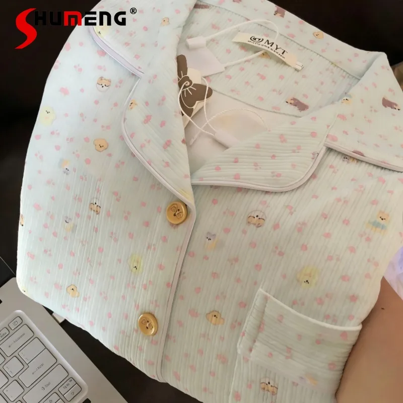 

Spring Autumn Long-Sleeve Long Pants Set for Women Cute Floral Pure Cotton Pajamas Female Knit All Cotton Homewear Set