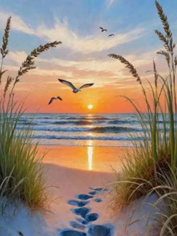 Sonnenuntergang am Strand Fußabdrücke Möwen Küstenlandschaft 5D DIY Voll-Diamant-Malerei-Set Kreuzstich Handgemachte Kunst Heim-Wanddekoration