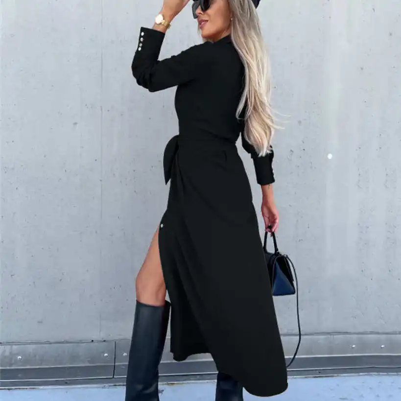 レディース シャツカラー ウエストアップドレス カジュアル ハイウエスト 長袖 コットンリネン 春秋 ポロカラー シングルボタン留め