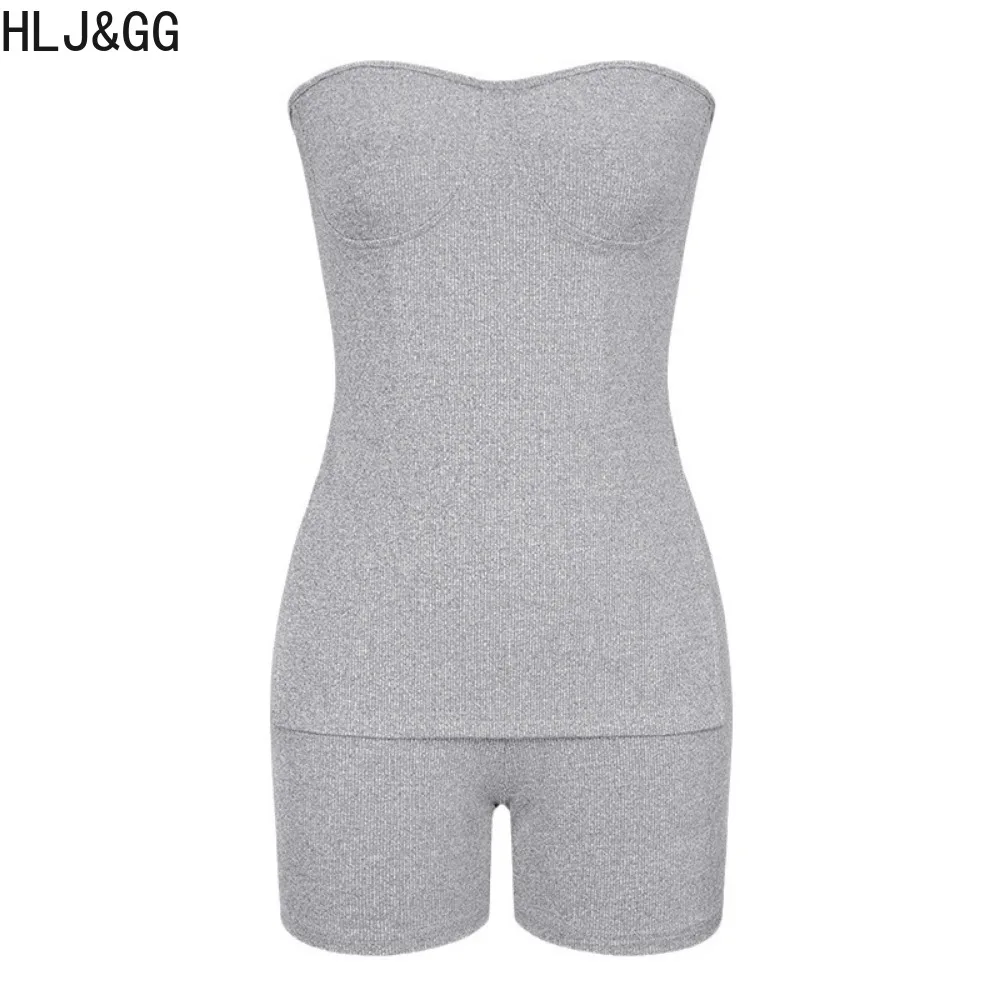 HLJ&GG Casual Solid Ribber Shorts Two Piece Sets Women Off Shoulder Slim Tube And Biker Shorts Tracksuits Female Sporty Outfits