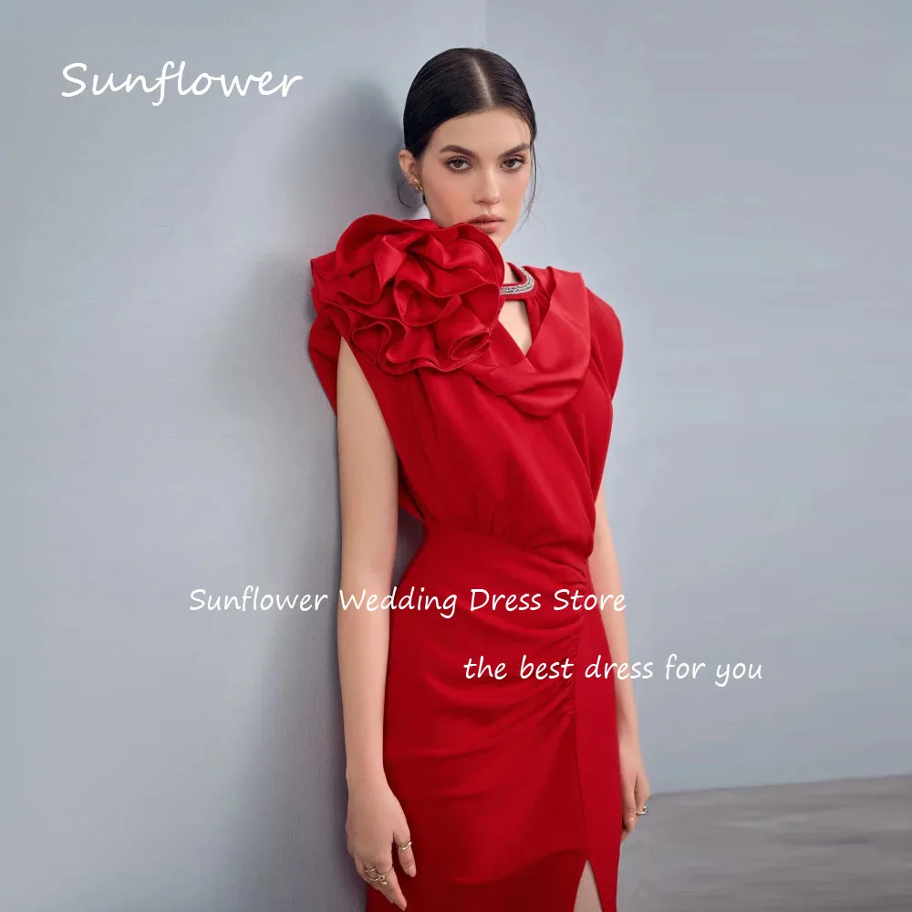 Sunflower Red O-Neck 3D Flowers Crepe Mermaid 2024 Slim Short Sleeves Ocassion Gown Ankle-Length Formal Evening Dress