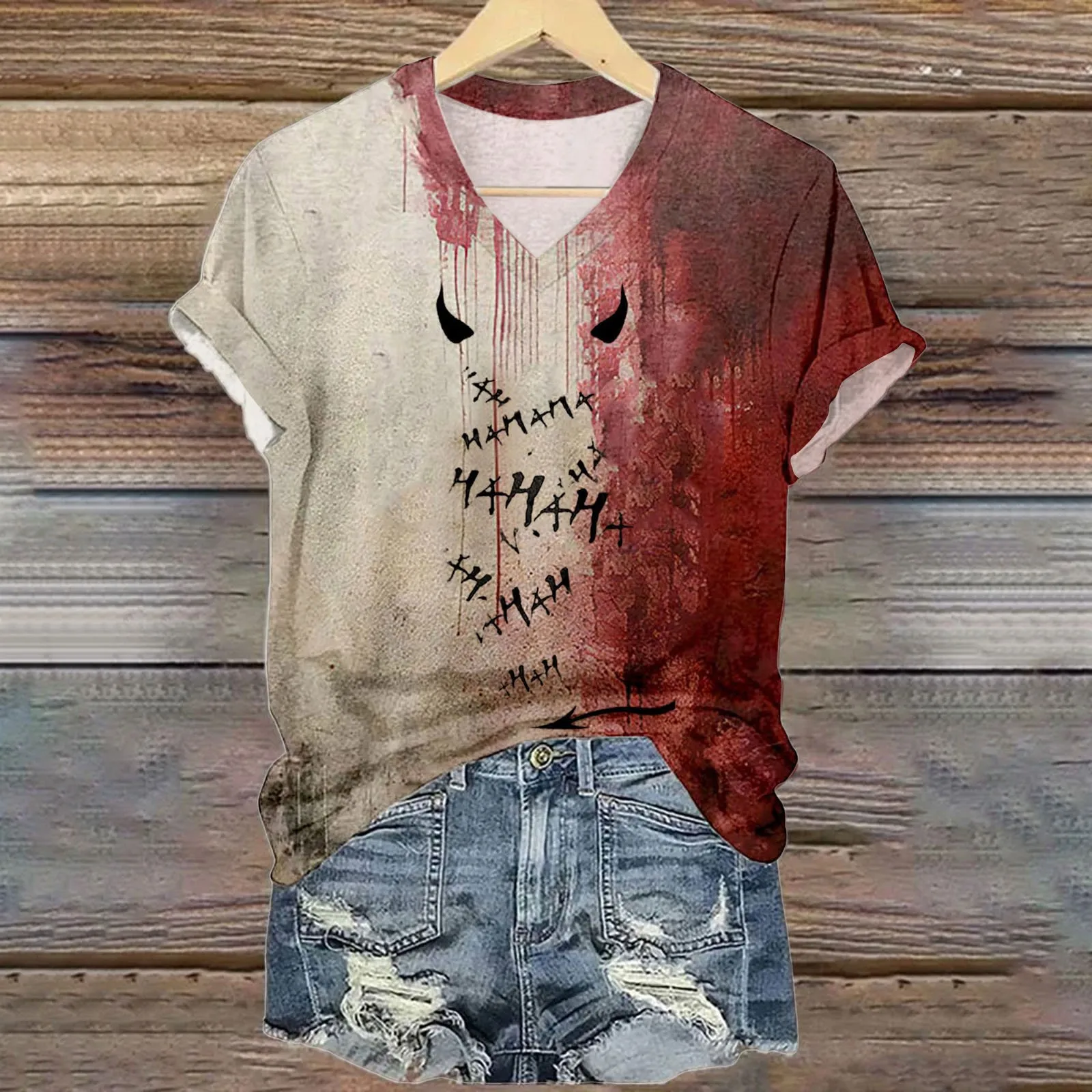 قميص الهالوين الدموي للنساء مضحك بياقة على شكل V وأكمام قصيرة ملابس دم الهالوين هدية رياضية بأكمام قصيرة للنساء #4