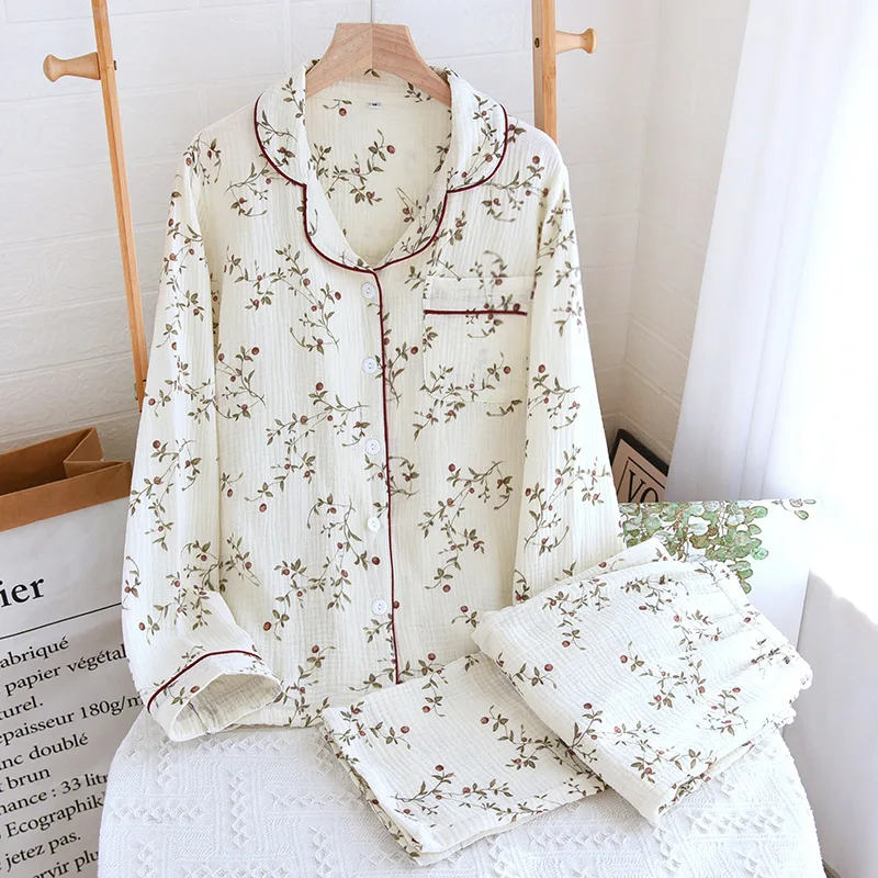 

2025 Japanese Spring and Autumn New Women's Pajama Set 100% Cotton Crepe Long sleeved Pants Cardigan Cute Plus Size Home Fury