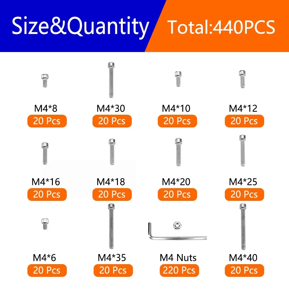 440PCS Rvs Cup Hoofd Schroeven M4 Inbusschroeven Platte Kop Schroeven Grensoverschrijdende Explosie Boxed