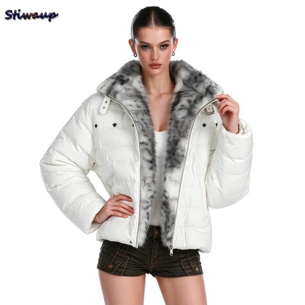 American Style White Padded Jacket with Rivet Cross Detail & Fur Collar Warm Women's Puffer Coat Light Y2K Black Bread Jacket