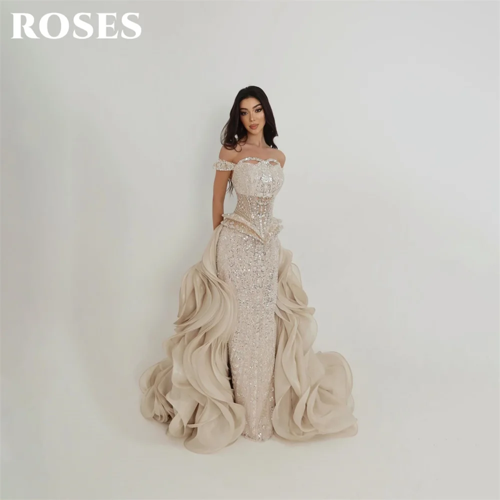 ROSES Champagne Sequin Party Dress Off Shoulder Evening Dress with Train Cut Out فساتين السهرة Trumpet Customized image 3