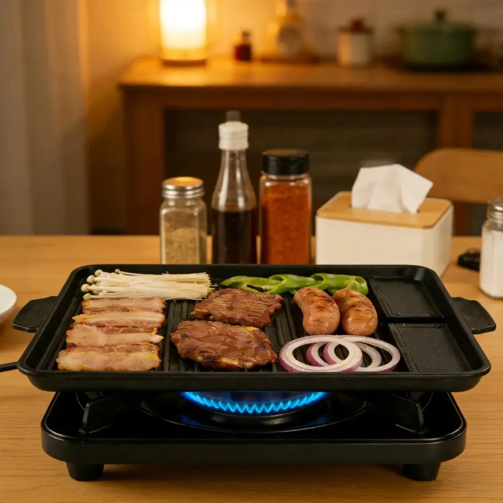 Aluminum Alloy Korean-style Barbecue Pan Rectangular Non-stick Grill Tray with Oil Drain Port Grill Meat Plate Outdoor