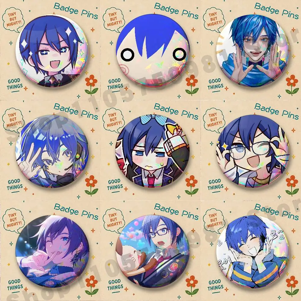 Blue Hair Cute K-Kaito Icon Round Pins Cartoon Brooches Stylish Ornament Badge for Backpack Accessorys Gifts