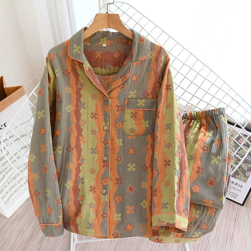 Autumn / Winter Yarn-dyed Jacquard Double Cotton Pajamas Lapels Loose Retro Home Service Suit Vintage Knitted Sleepwear 2 Piece