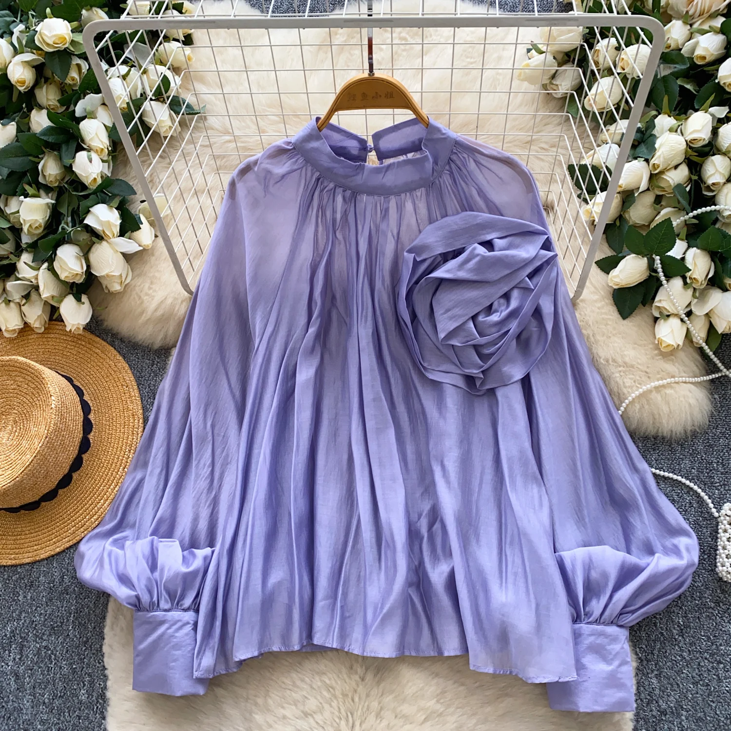 

Vintage Elegant floral lantern sleeve long sleeve Top Korean Streetwear High Street Autumn Basics T-Shirts