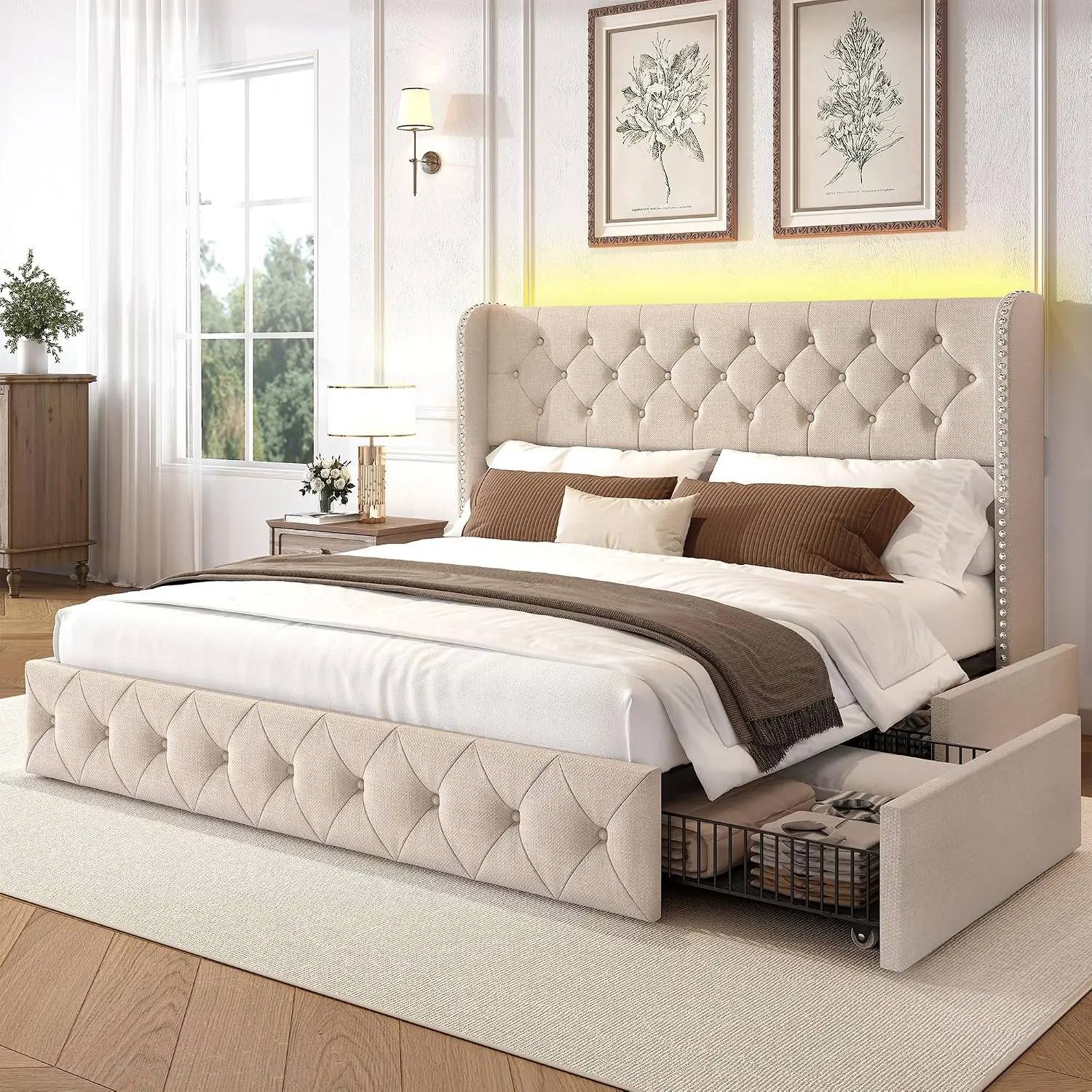 King Upholstered Platform Bed LED Lights 4 Storage Drawers 47.2