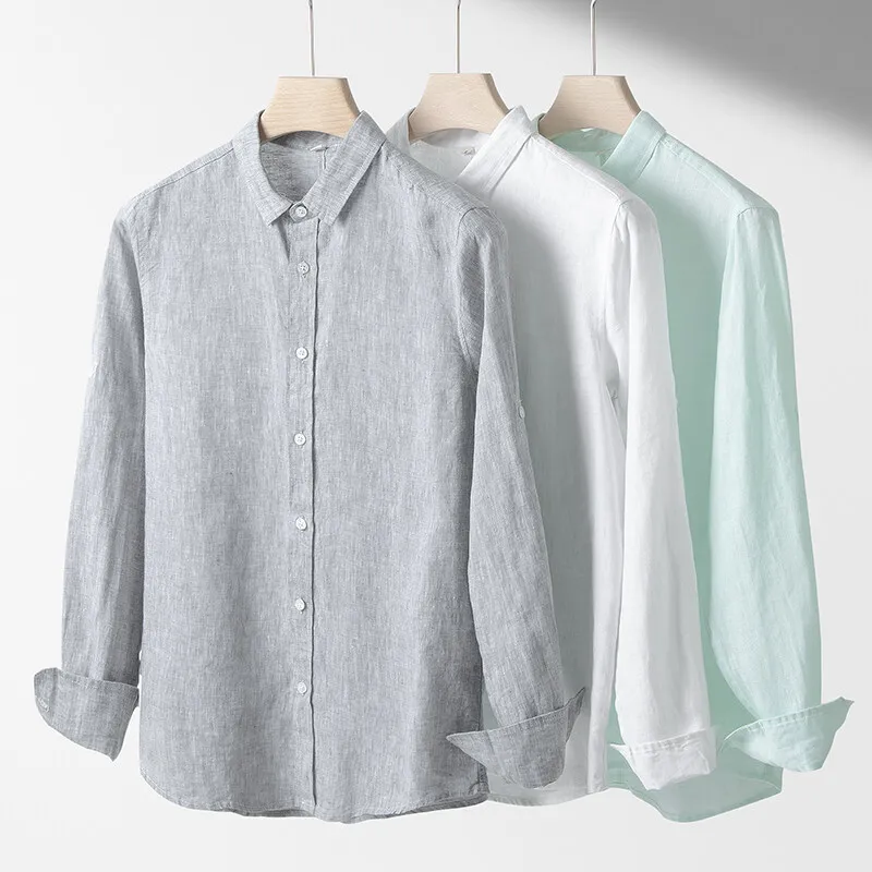 

2025 Men's 100% linen shirt for summer, solid color, light, breathable, long-sleeved, loose cotton and linen