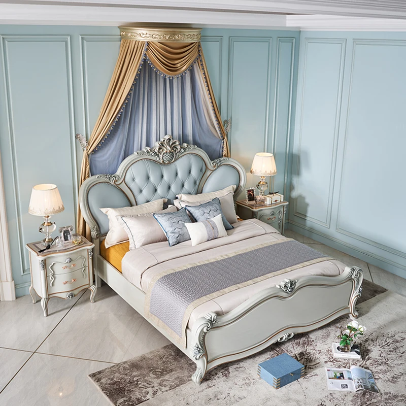 !@Italy Rose Carving Leather Chesterfield Upholster Princess Bed New Design White Girls Bedroom Furniture