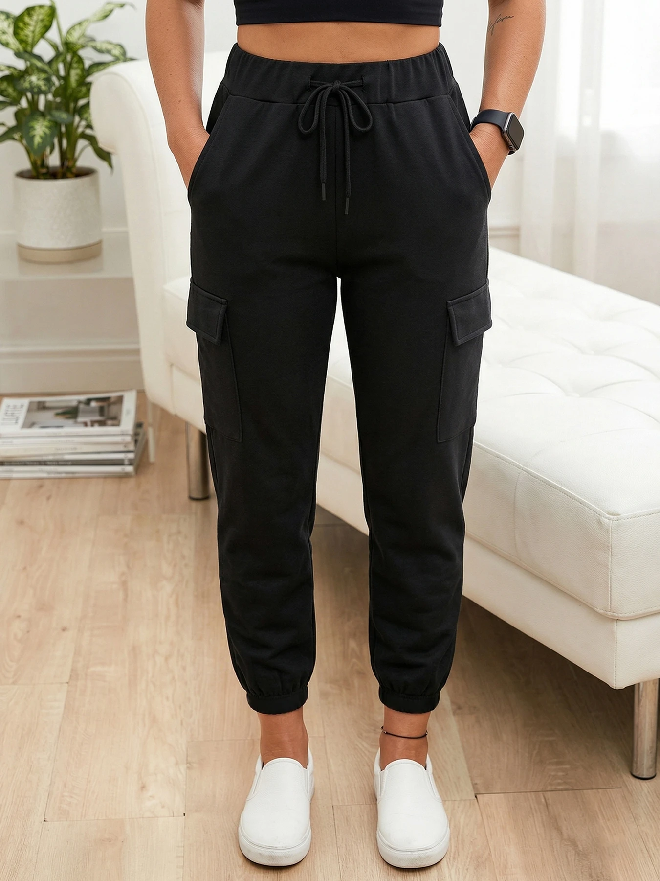 

Женские однотонные повседневные брюки с карманами на шнурке и однотонными карманами на шнурке.