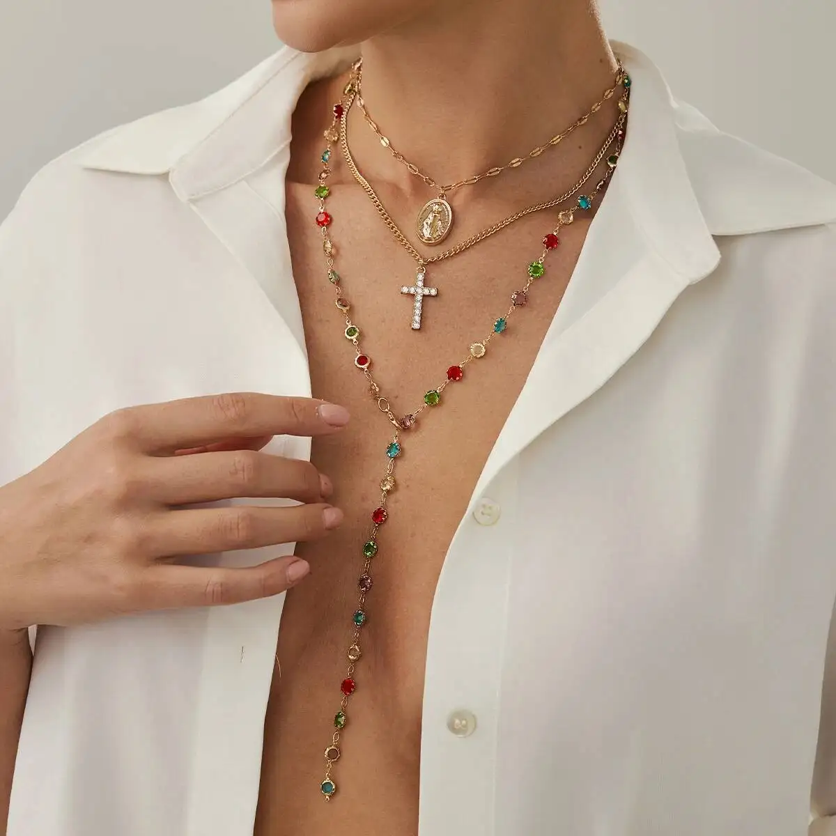 

KunJoe 3 Pcs/Set Trendy Stackable Colourful Crystal Chain Necklace for Women Hip Hop Jesus Cross Pendant Necklace Sweater Chain