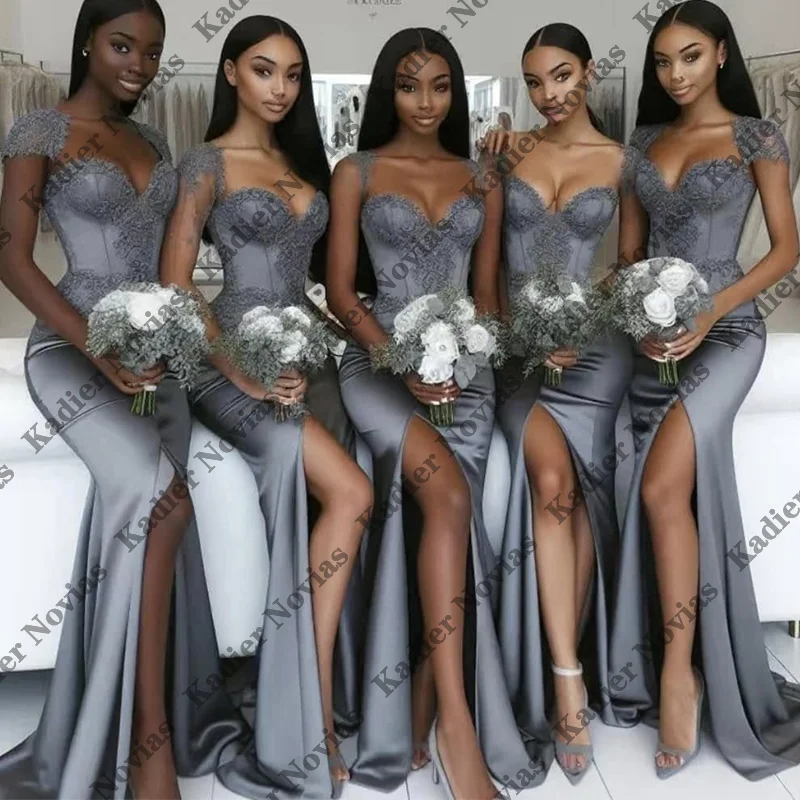 

Mermaid Long Cap Sleeves Bridesmaid Dresses with Slit Customized Wedding Party Dress robes invitee mariage