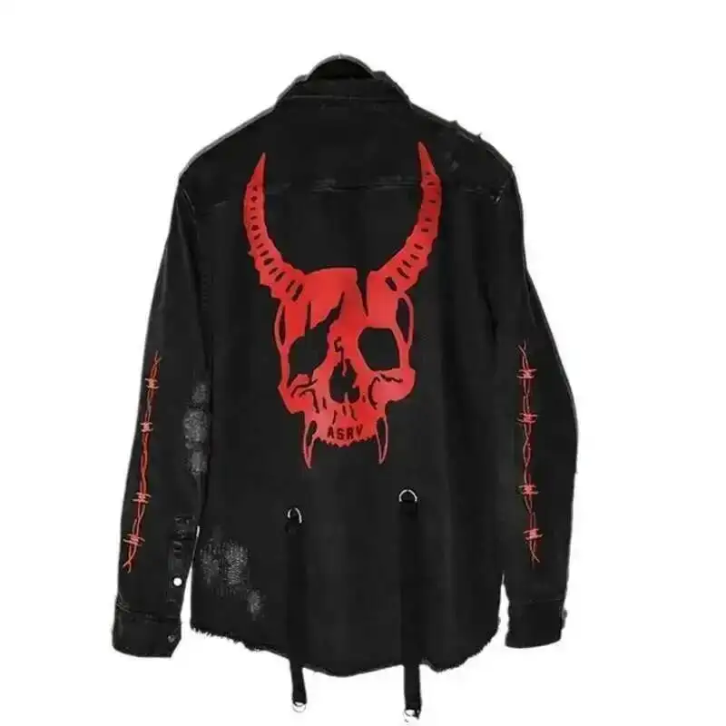 HKSH Men\'s Tide Punk Spring And Autumn New Print Jackets Loose Size Skull Denim Coat Fashion Dark Single Breasted Vintage HK0114