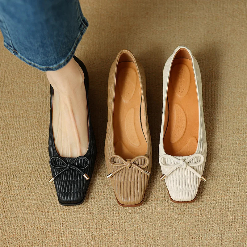 2024 Spring/Summer New Square Headed Thick Heel Bow High Heel Shoes Women's Weaving Shallow Mouth Work Shoes Single Shoe Career