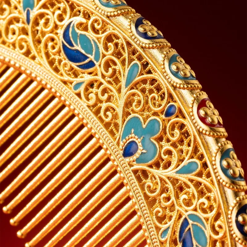 Floral brocade comb, exquisite filigree enamel dotted with colorful floral long hair comb