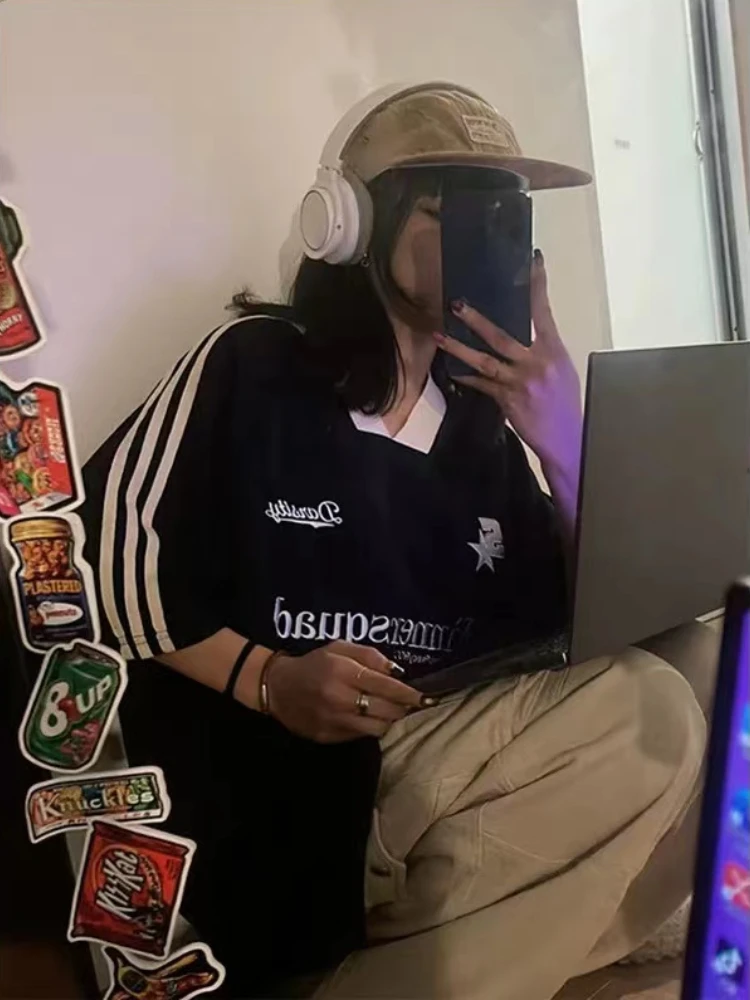 2024 여성용 오버사이즈 저지 티셔츠, 빈티지 반팔, V넥, 루즈 스포츠 상의, 힙합 스트리트웨어, 레터 티, Y2K, 여름 신상