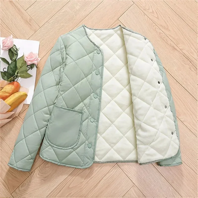 Pop Winter Down Padded Jacket Women's Inner Short Mother's Wear Velvet Thickening Middle-Aged Elderly Mom Wear Pocket Jacket Pin