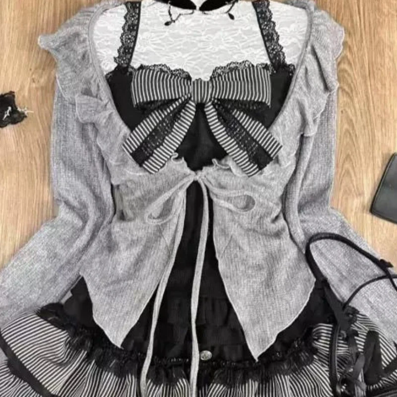 Japanese Style Sweet Preppy Chic 3 Piece Set Skirt Suit Grey Flounce Cardigan+Black Lace Vest+Slim Cake Skirt Women 2024 Clothes