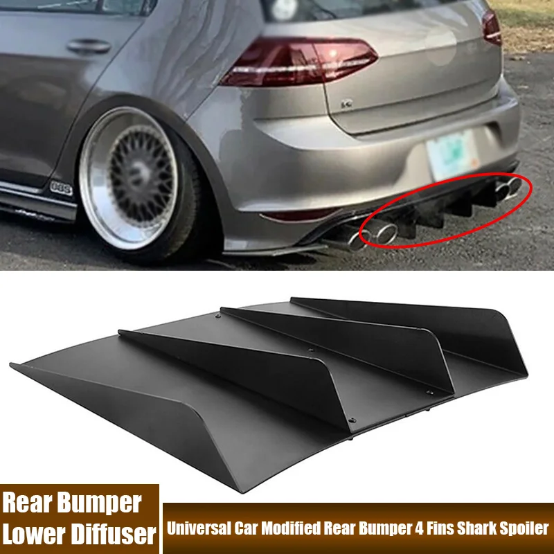 Universal Car Modified Rear Bumper 4 Fins Diffuser 22\'\'x19\'\' Black High-grade ABS Rear Spoiler Shark Fin Spoiler Car Accessories