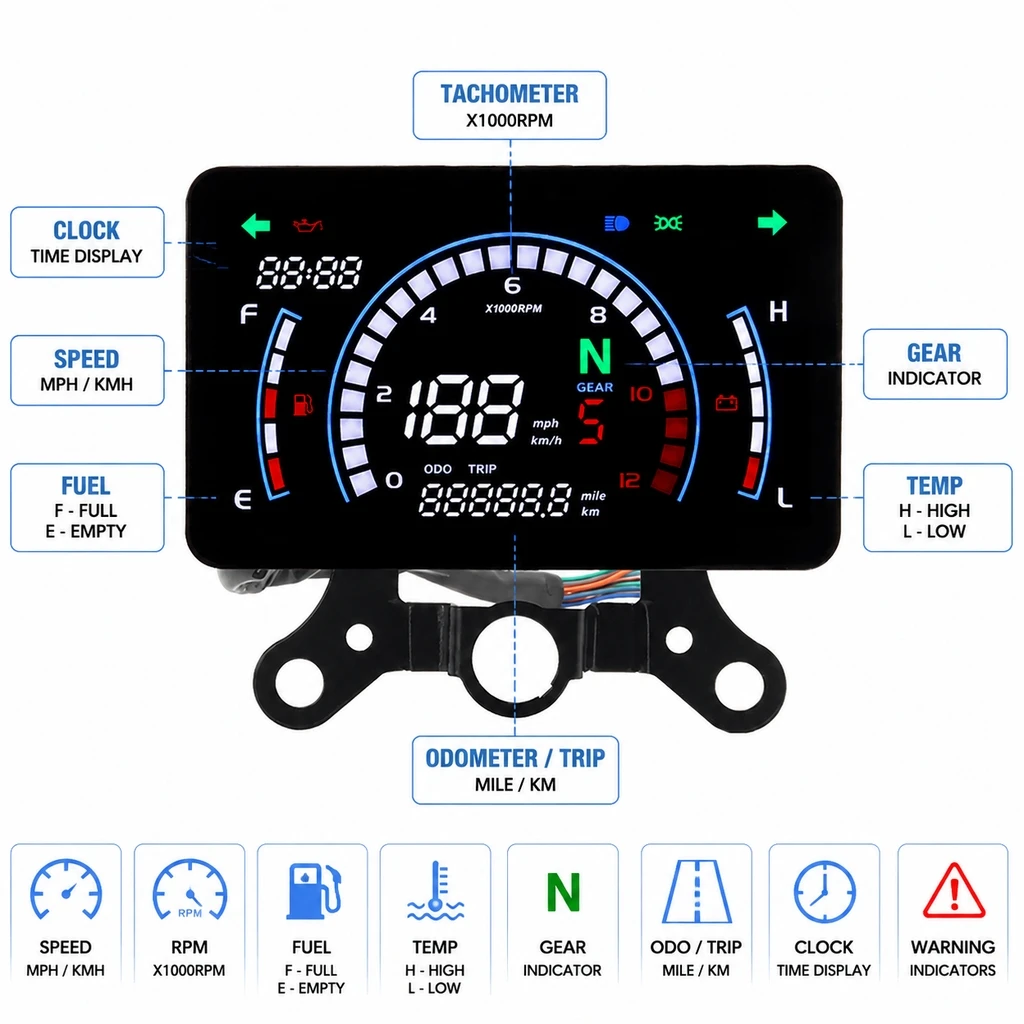 Motorcycle Digital Speedometer Gauge, Multifunction LCD Dashboard for ITALIKA EX125 FORZA125 TMX ALPHA125 Rusi Tc125 CG125