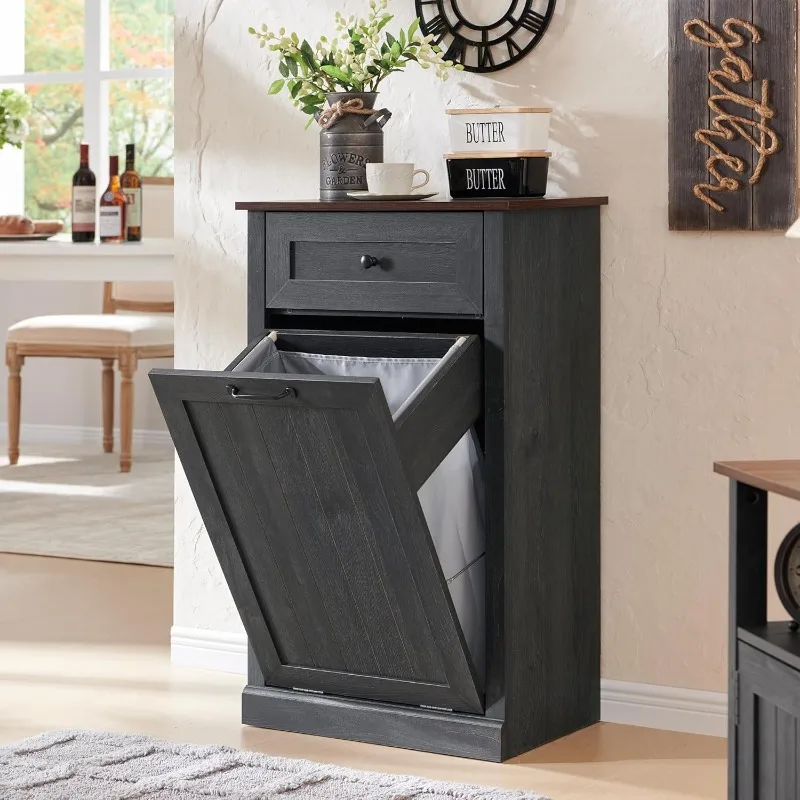 Hidden Wooden Trash Can Cabinet, Farmhouse Laundry Hamper Cabinet, Trash Garbage Can Bin Cabinet