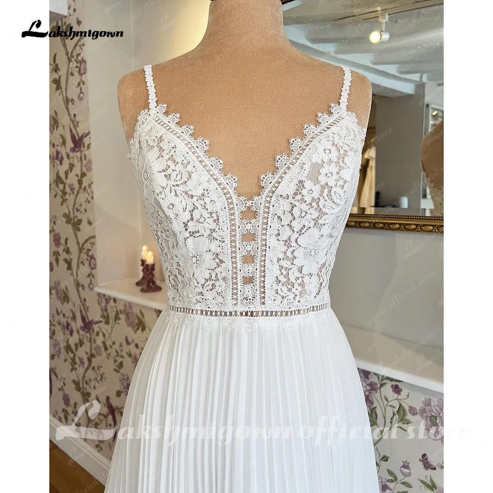 Lakshmigown Boho Spaghettiträger Chiffon Hochzeitskleid V-Ausschnitt Spitzenapplikationen Offener Rücken Strand-Brautkleid Maßanfertigung – Detail 6