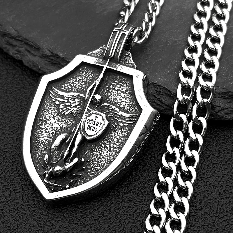 

Vintage Stainless Steel Saint Michael Archangel Necklaces for Men Knight Shield Silver Color Pendant Necklace Christian Jewelry