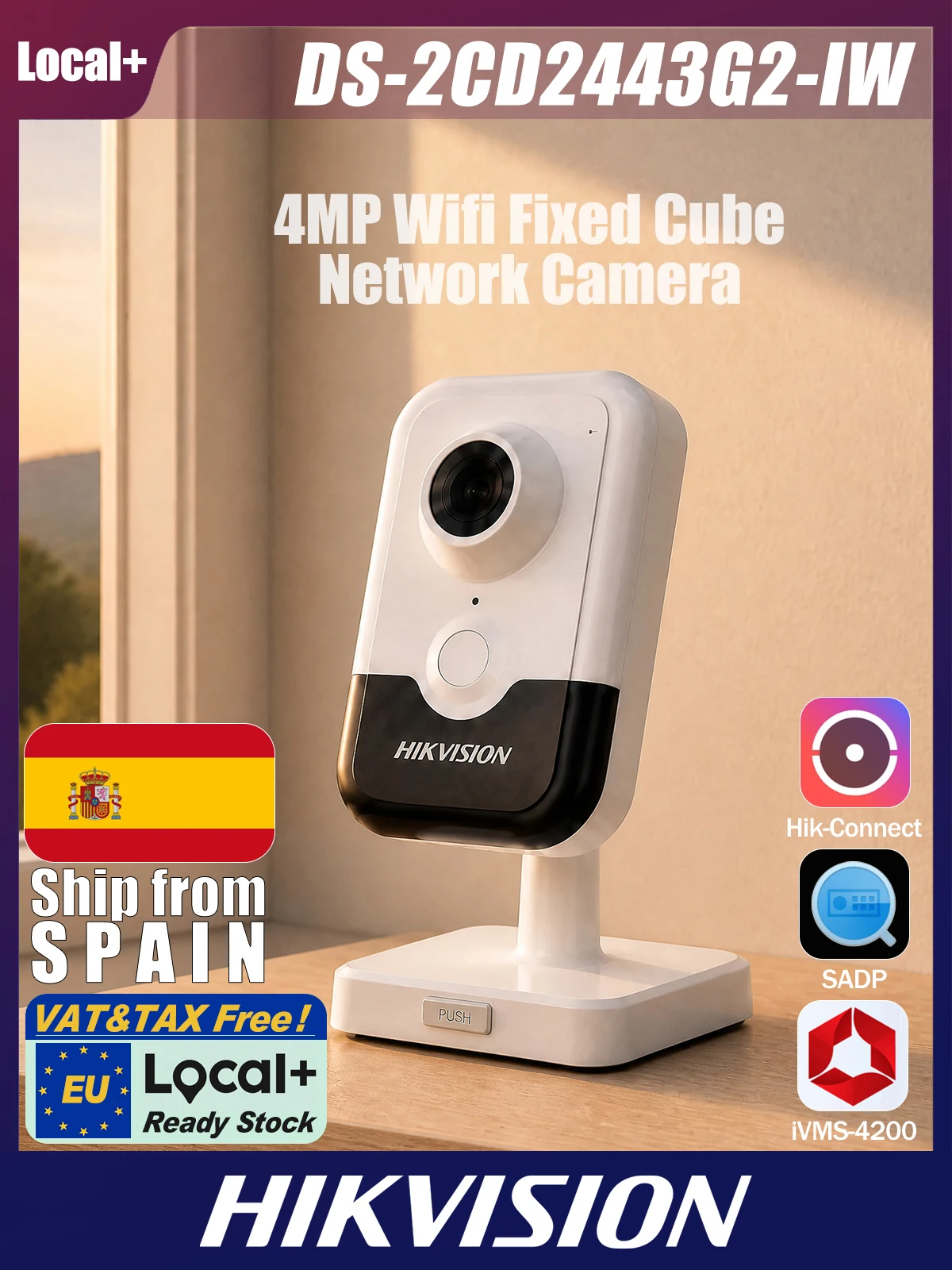 DS-2CD2443G2-IW Hikvision Local+ kamera cube stała Wi-Fi 4MP 2.8mm, Digital WDR, IR 10m, klasyfikacja człowiek/pojazd, wbudowane audio dwukierunkowe, slot karty 512GB, PoE — 2