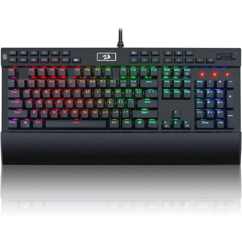 RGB Gaming Keyboard with 104 Keys, 12 Macro Keys, Wired Mechanical, Purple Switch, USB Port, Aluminum Top Plate, Wrist Rest