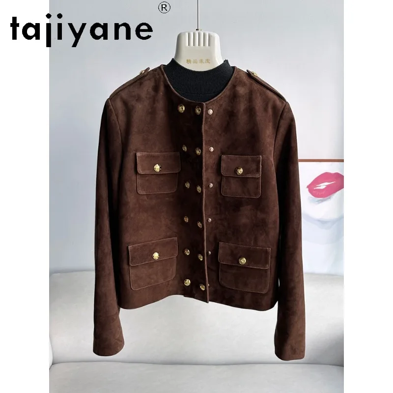 TAJIYANE Genuine Leather Jacket Woman Sheepskin Suede Leather Coat Round Neck Cropped Jackets for Woman Chic Outerwear Loose 자켓