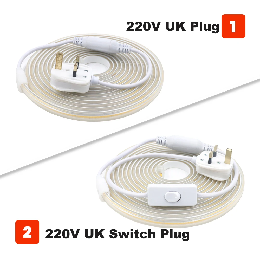 3000K 4000K 6000K COB LED Strip with UK Switch Plug 220V 288LEDs/m High Density Linear Lighting COB LED Lights 50cm can be Cut