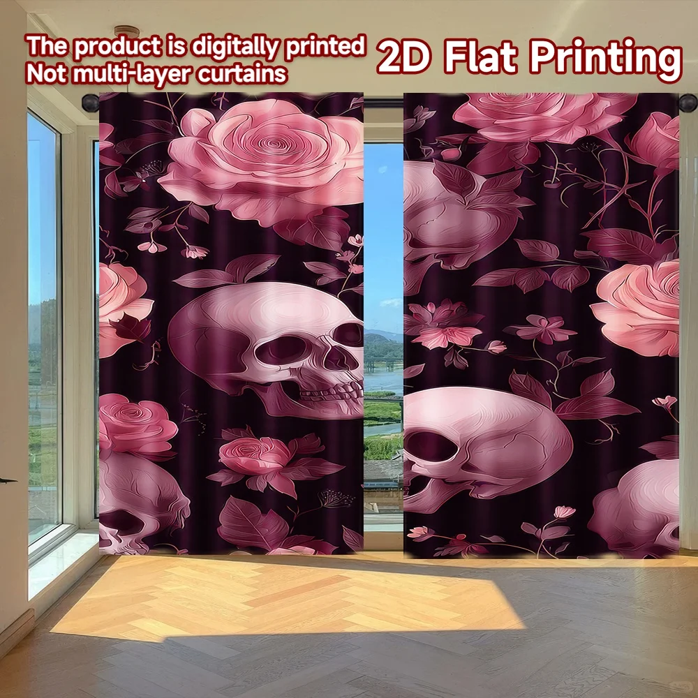 

2D flat printing 2pcs Window Curtains Halloween Skull and Roses Digital Printed Polyester Drapes Party Decorations Use for All