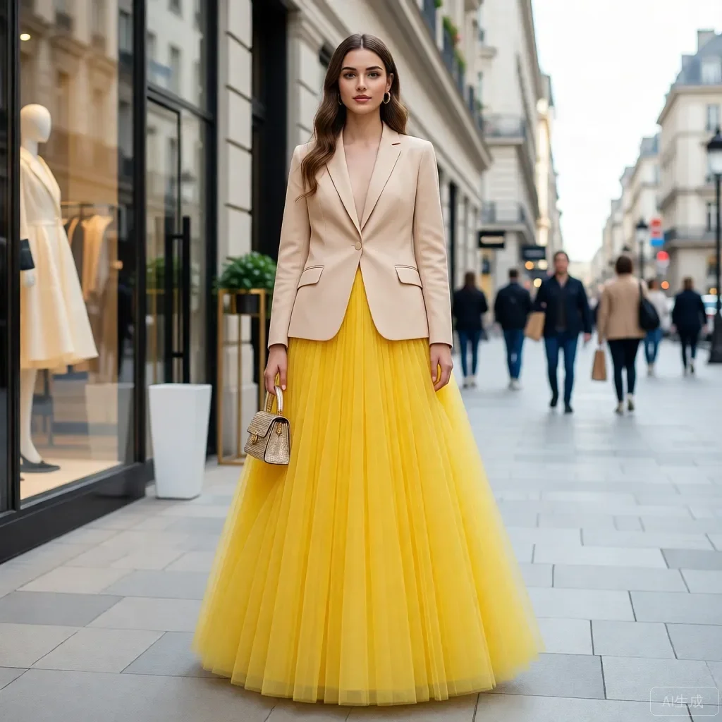 Jupe longue en tulle taille haute de luxe jaune citron, jupe gâteau superposée élégante pour soirées, mariages, événements formels, grande taille