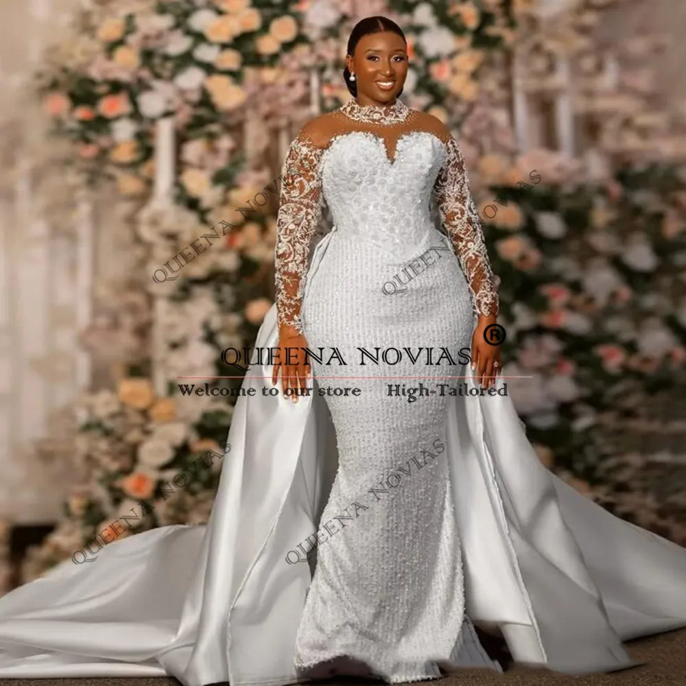 

African Mermaid Wedding Dress For Bride Customized Beaded Lace High Neck Long Sleeves Bridal Gowns Detachable Train Customized