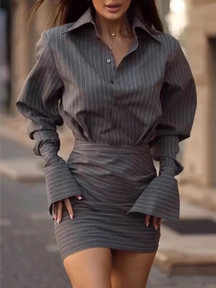 

BKQU Gray Striped Top Skirts Set Women's Elegant Long Sleeve Single Breasted Shirt Slim Ruched Mini Skirt 2026 Lady Chic Outfits