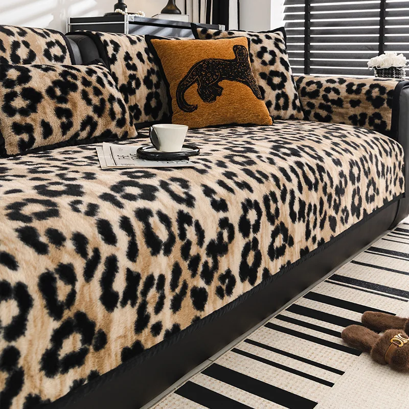 Leopard-Print Thick Plush Sofa Cushion Premium Leather Non-Slip Autumn Winter Living Room Seat Cover for Sofas