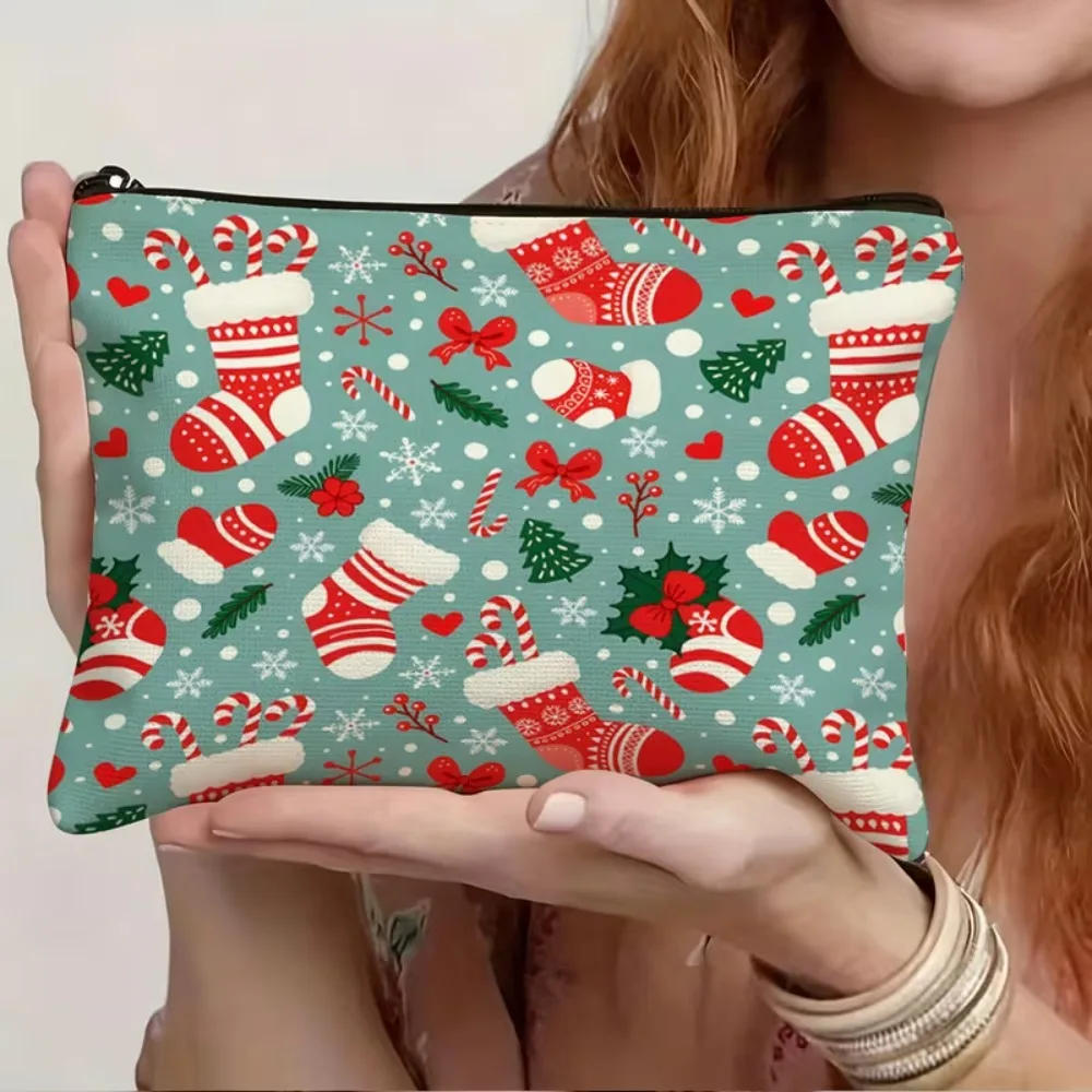 Christmas Stocking Candy Cane Print Zipper Makeup Pouch Winter Xmas Snowflake Festive Cosmetic Storage Purse Holiday Gift