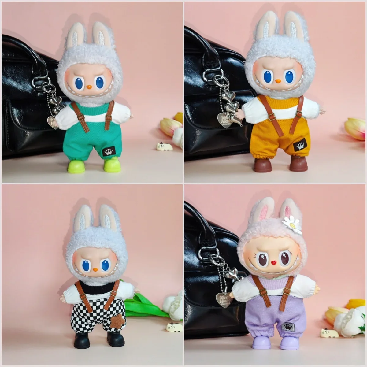 Одежда для костюма-брелок для куклы Labubu — клетчатый комбинезон с плюшевым телом и виниловым лицом