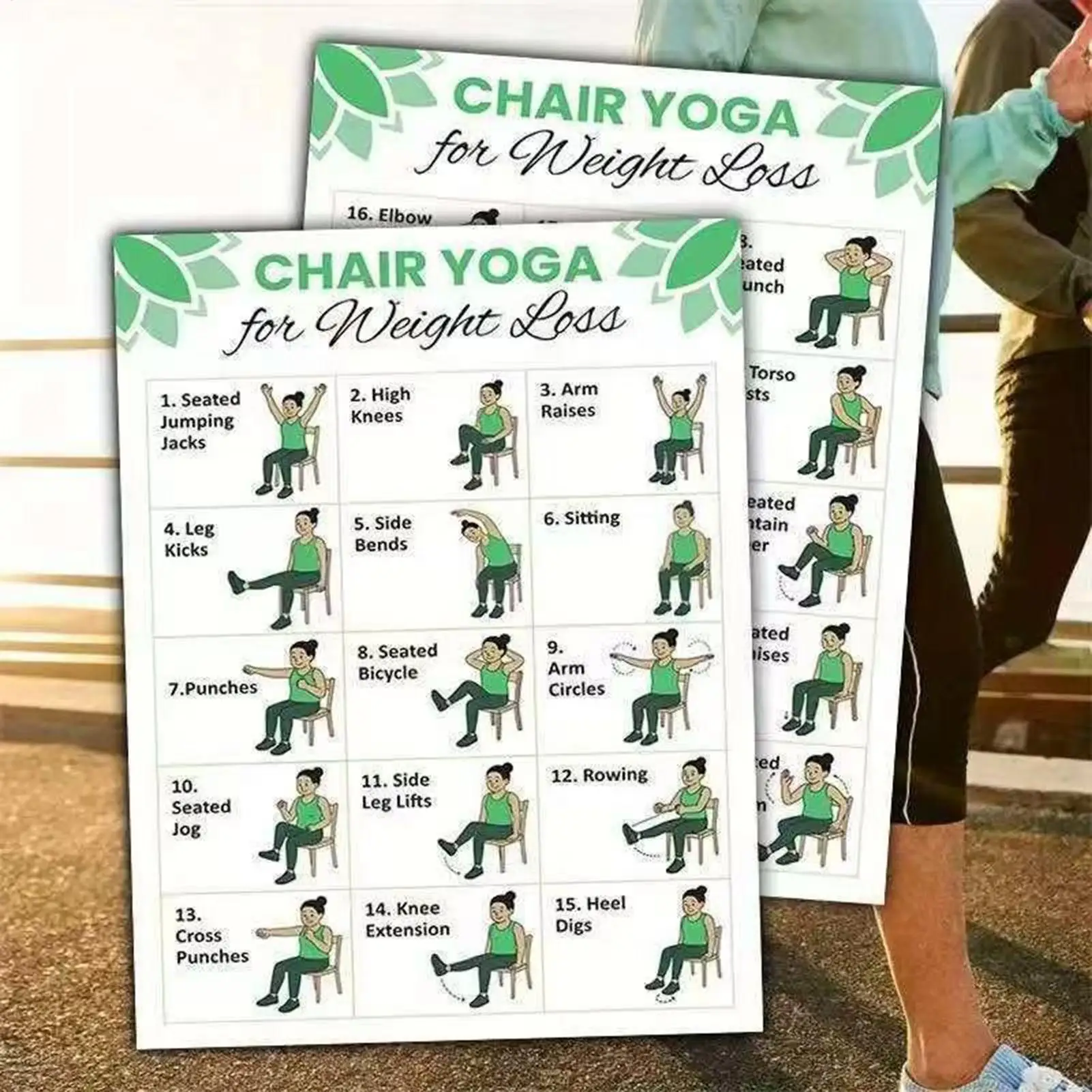 Tableau d'entraînement de yoga sur chaise de 30 jours, 2 pièces, Guide d'entraînement de yoga sur chaise pour seniors débutants, mobilité, équilibre, flexibilité