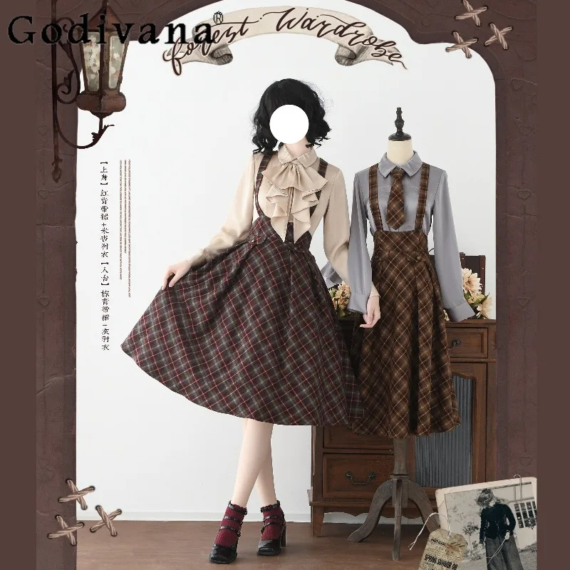 

Новое японское оригинальное ретро-платье в клетку с бретелями, элегантное, универсальное, в студенческом стиле, для повседневной носки, женская юбка 2026 года