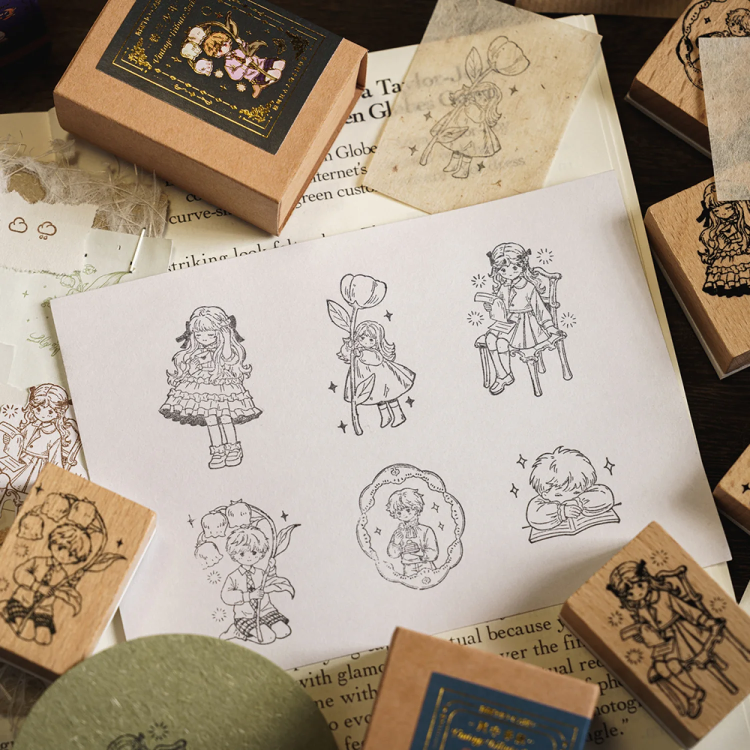 Kawaii Beech Wood Stamp Reading Boys/Girls Daily Life DIY Handbook Diary Scrapbooking Journal Card Making Supplies Cute Stamp