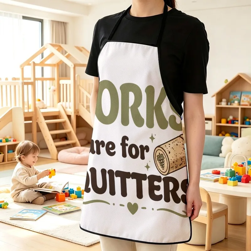 1PC【Apron】2DFlat effect，Printed“FORKS are QUITTERS”Fun text and wine stopper print with grape motif，Modern Minimalist Style，