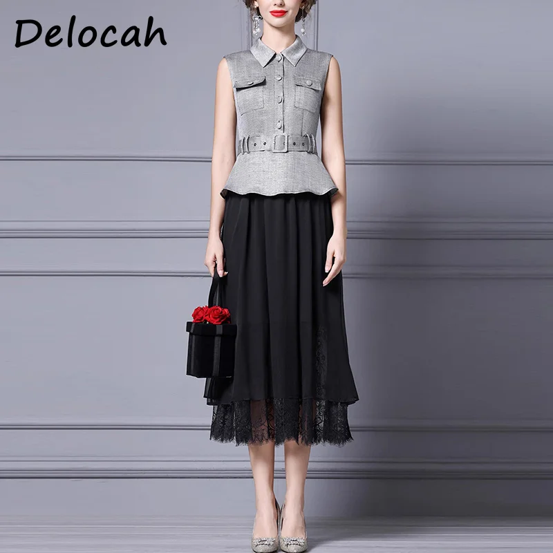 Delocah Solid Sleeveless Slim Dress For Women Lace Splicing High waist Button Turn-Down Collar Elegant A-Line Dresses With Belt