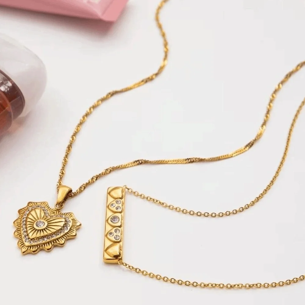 الحلو سحر حجر الراين مضلع الحب قلادة اليدوية التيتانيوم الصلب مزدوجة مكدسة سلسلة عنق قابل للتعديل بسيط